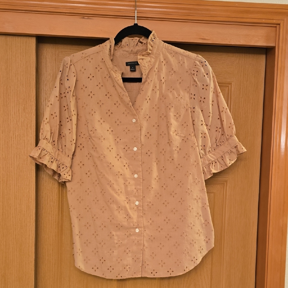 Tan Puff Sleeve Blouse with Mandarin Collar Worn Only Once, Lined